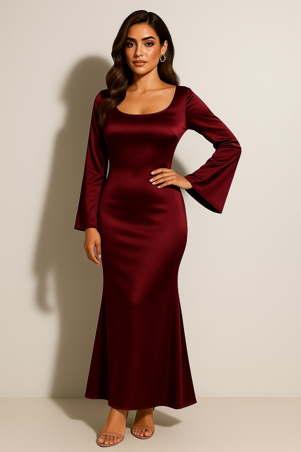 Karla | Kvinnenes Satin Langermet Fishtail Maxi Kjole