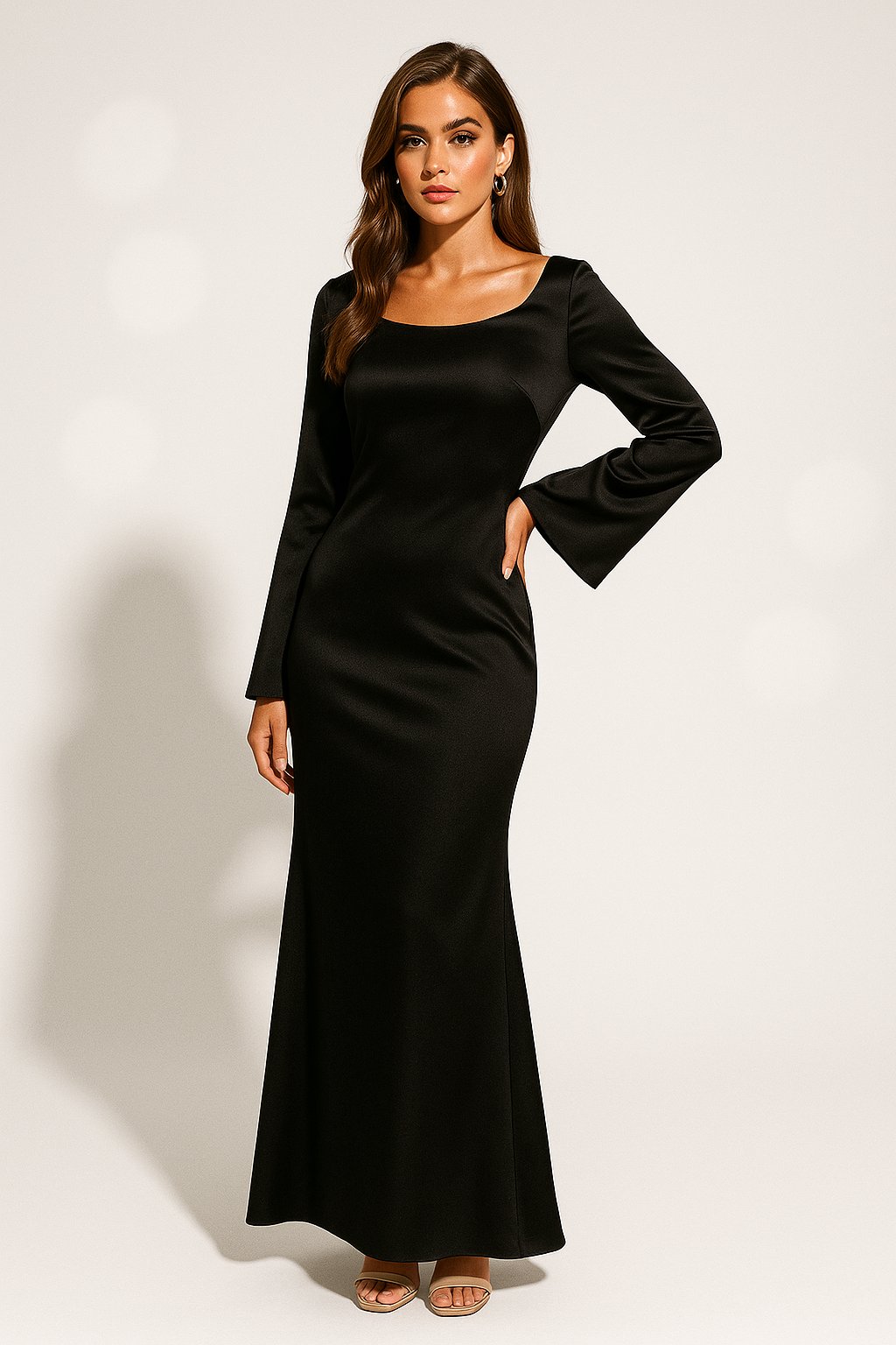 Karla | Kvinnenes Satin Langermet Fishtail Maxi Kjole