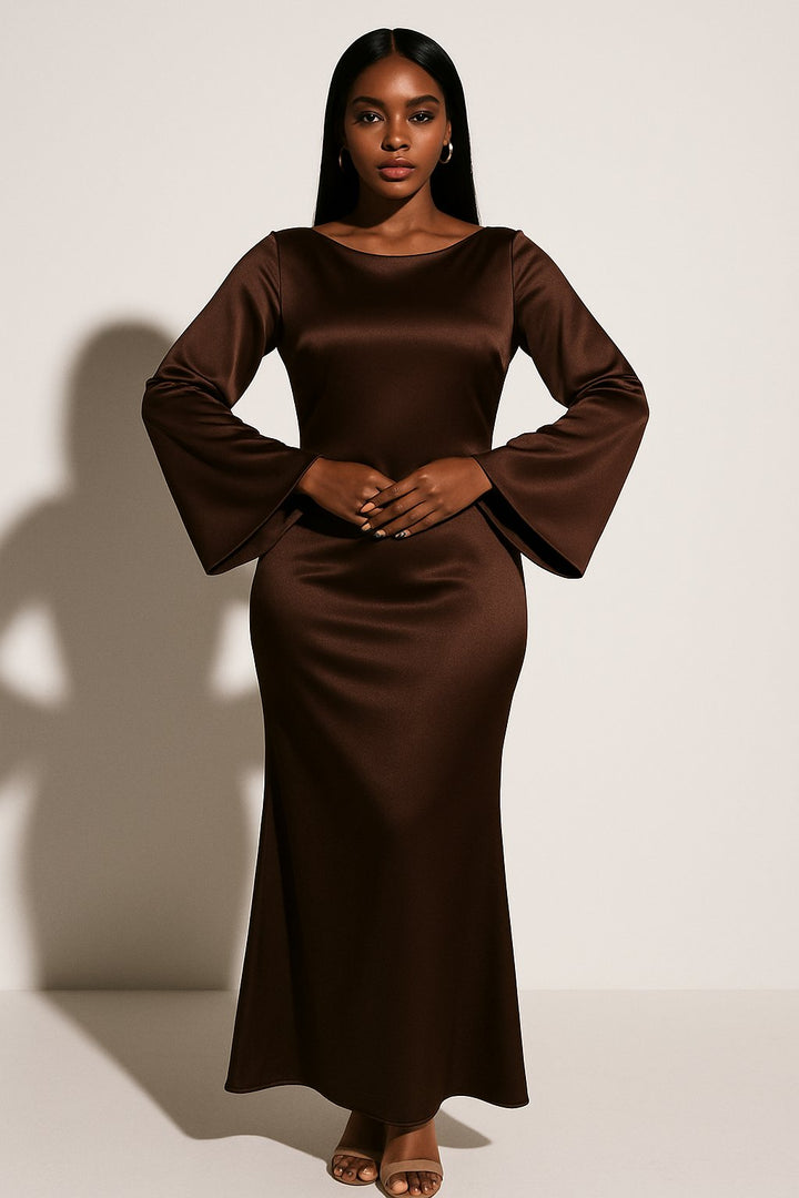 Karla | Kvinnenes Satin Langermet Fishtail Maxi Kjole
