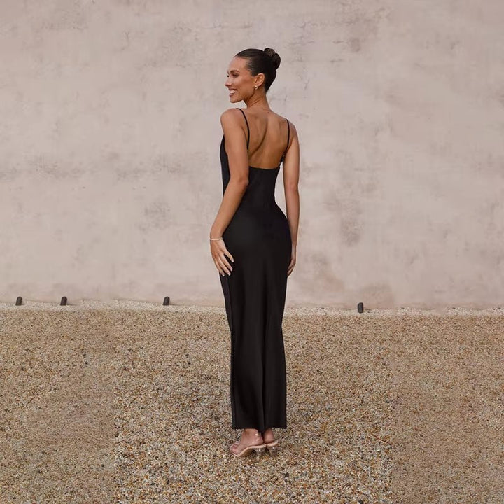 Lea | Kvinne Satin Maxi Kjole Åpen Rygg Fitted