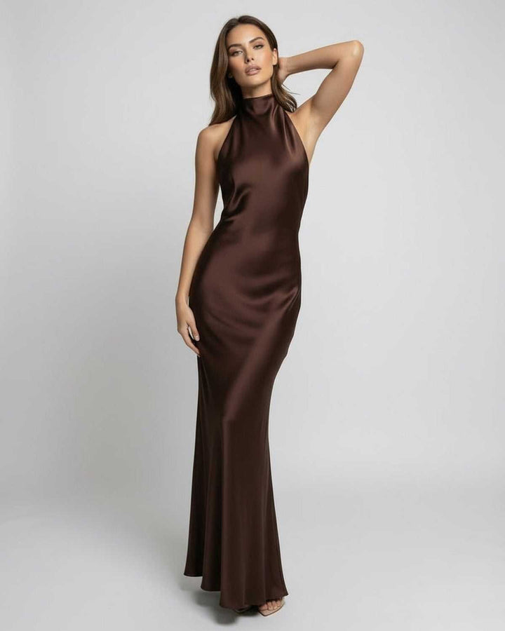 Mathilde | Kvinne Satin Maxi Kjole Halterneck Åpen Rygg