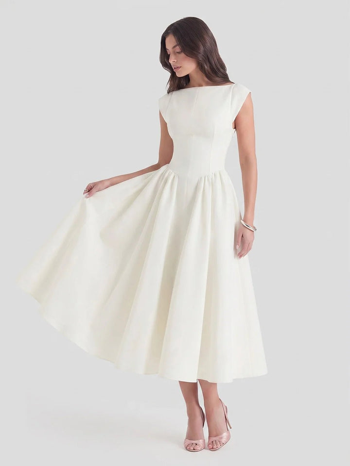 Ida | Kvinne Satin Midi Kjole Båt Utringning Korte Ermer
