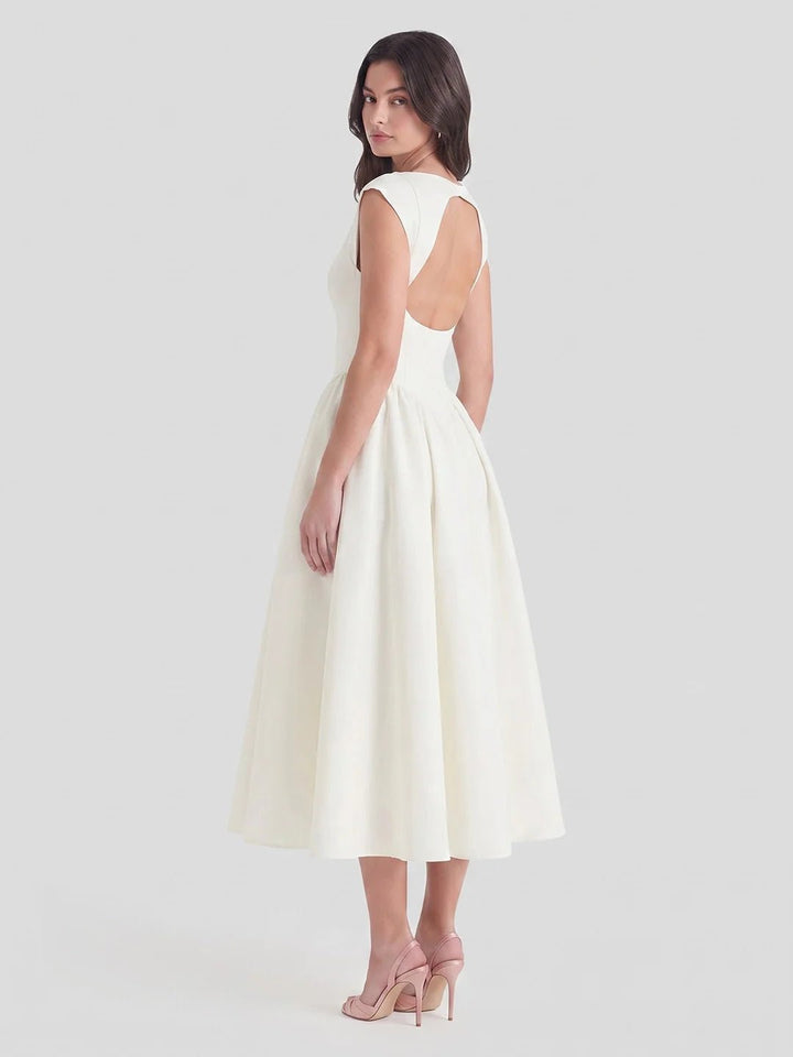Ida | Kvinne Satin Midi Kjole Båt Utringning Korte Ermer