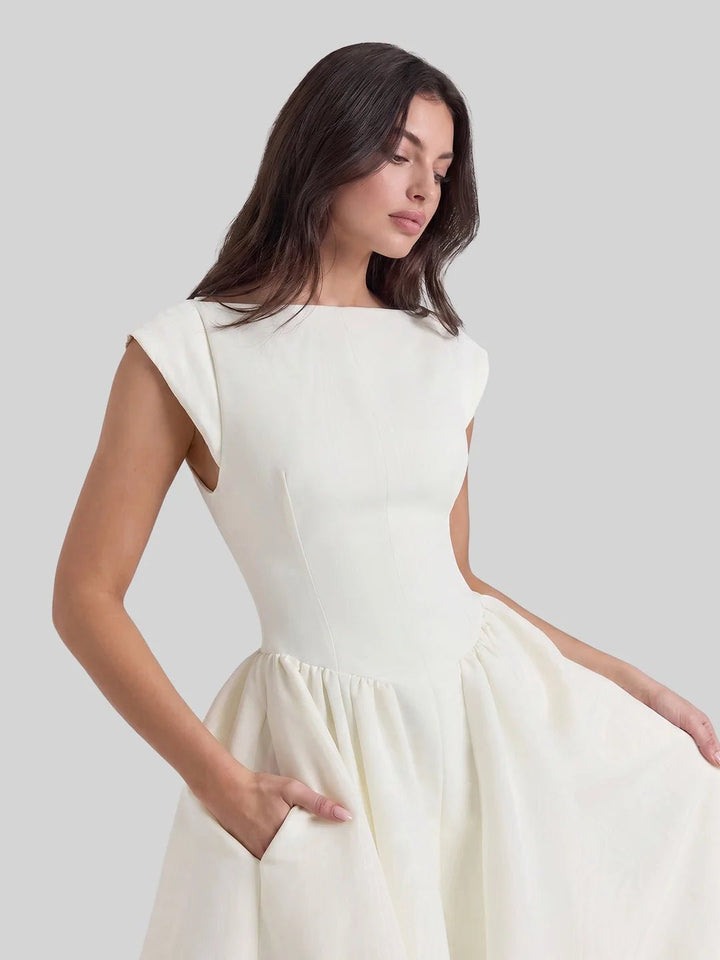 Ida | Kvinne Satin Midi Kjole Båt Utringning Korte Ermer