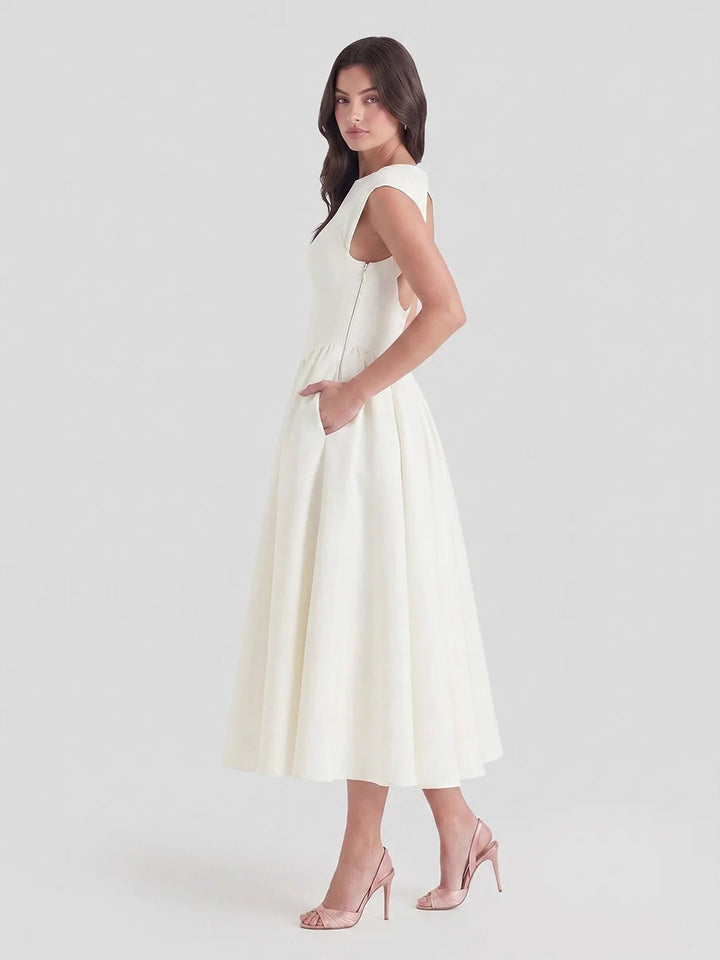 Ida | Kvinne Satin Midi Kjole Båt Utringning Korte Ermer