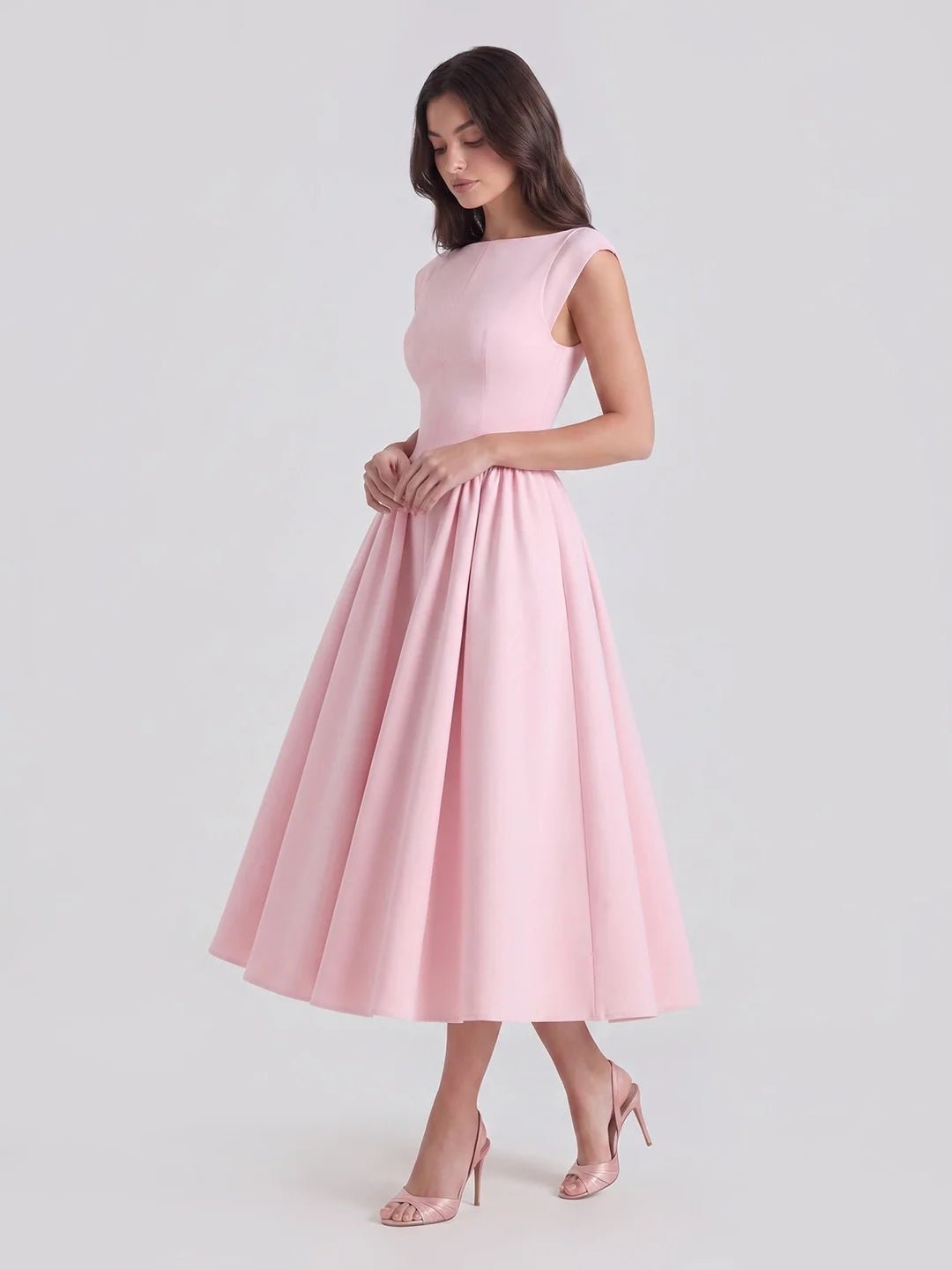 Ida | Kvinne Satin Midi Kjole Båt Utringning Korte Ermer