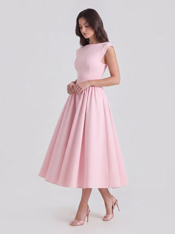 Ida | Kvinne Satin Midi Kjole Båt Utringning Korte Ermer