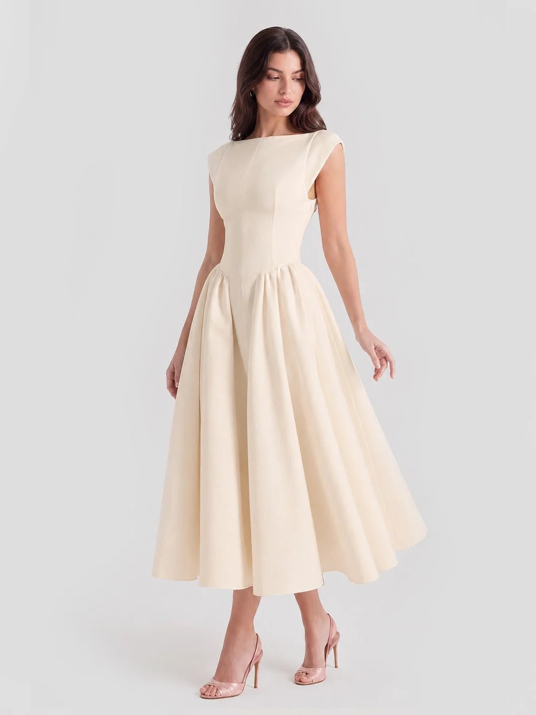 Ida | Kvinne Satin Midi Kjole Båt Utringning Korte Ermer