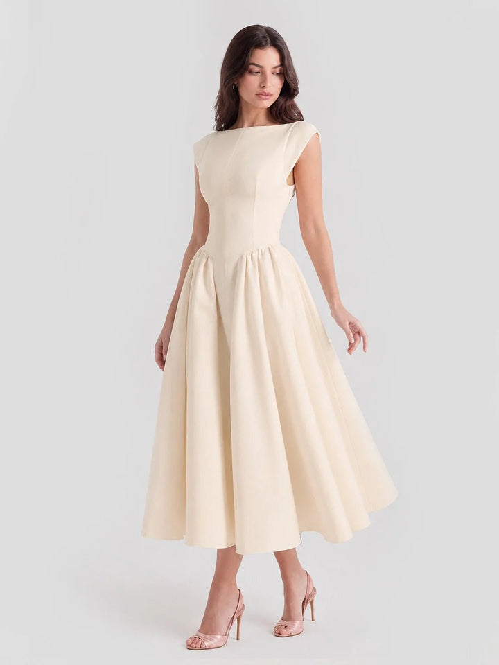 Ida | Kvinne Satin Midi Kjole Båt Utringning Korte Ermer