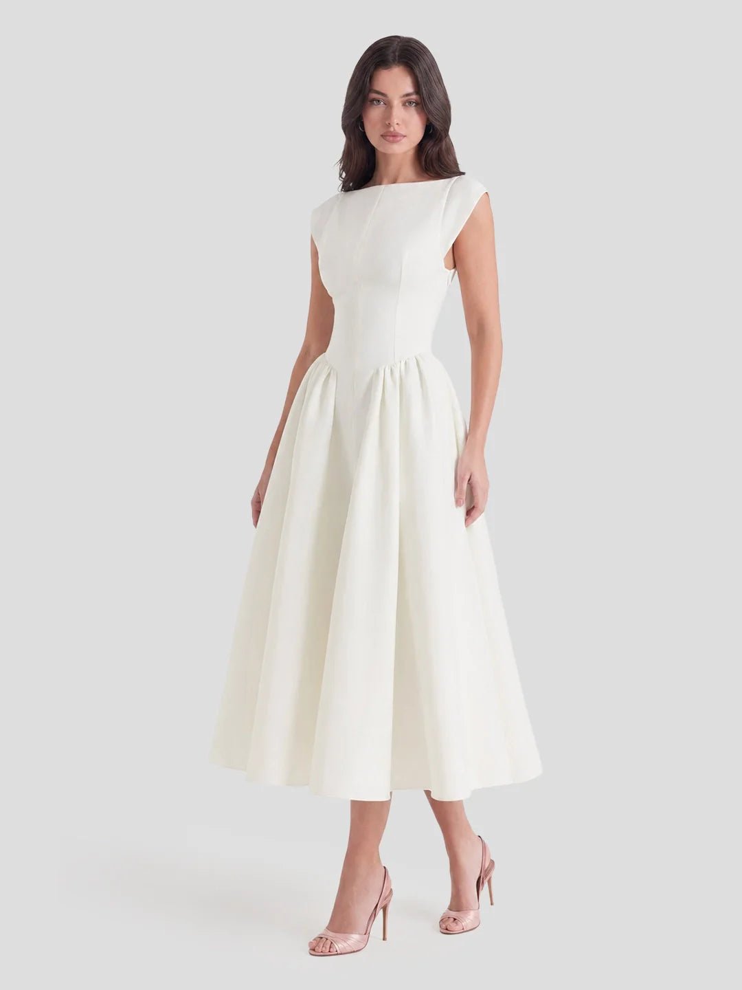 Ida | Kvinne Satin Midi Kjole Båt Utringning Korte Ermer