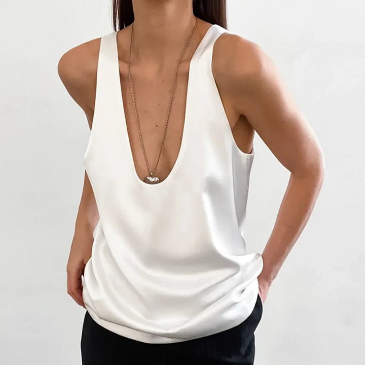 Karla | Kvinne Satin Tank Top Dyp U-Cut Løs Passform