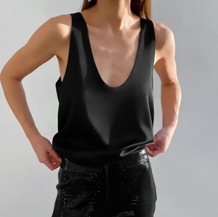 Karla | Kvinne Satin Tank Top Dyp U-Cut Løs Passform