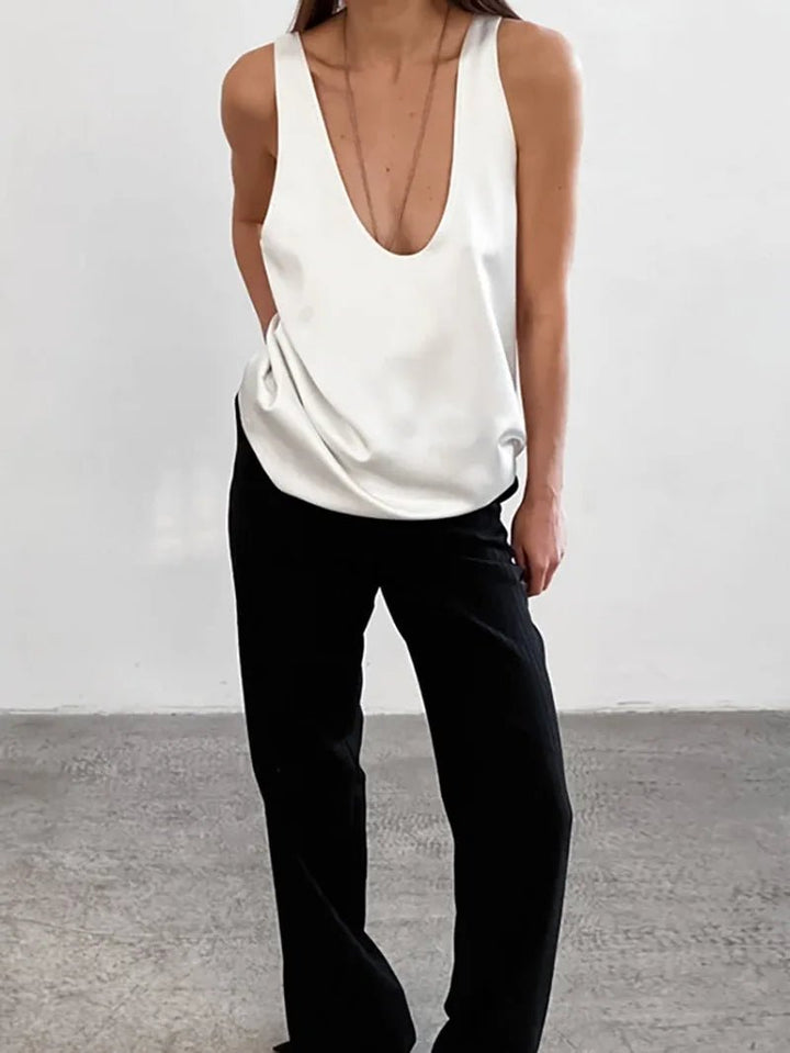Karla | Kvinne Satin Tank Top Dyp U-Cut Løs Passform