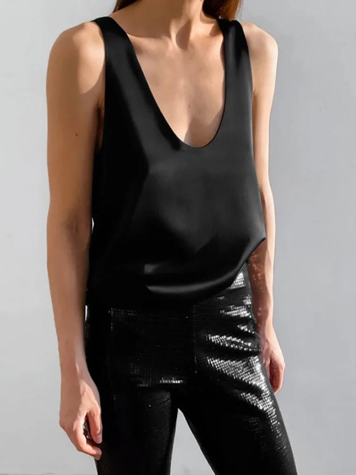 Karla | Kvinne Satin Tank Top Dyp U-Cut Løs Passform