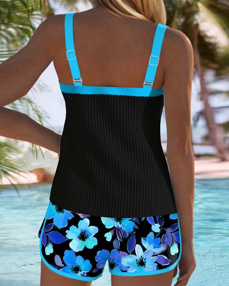 Nora | Kvinne svart ribbet tankini-sett med magekontroll