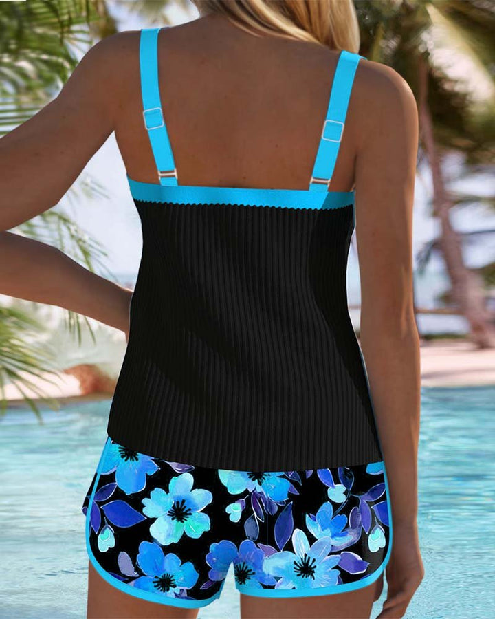 Nora | Kvinne svart ribbet tankini-sett med magekontroll