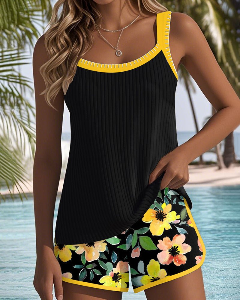 Nora | Kvinne svart ribbet tankini-sett med magekontroll