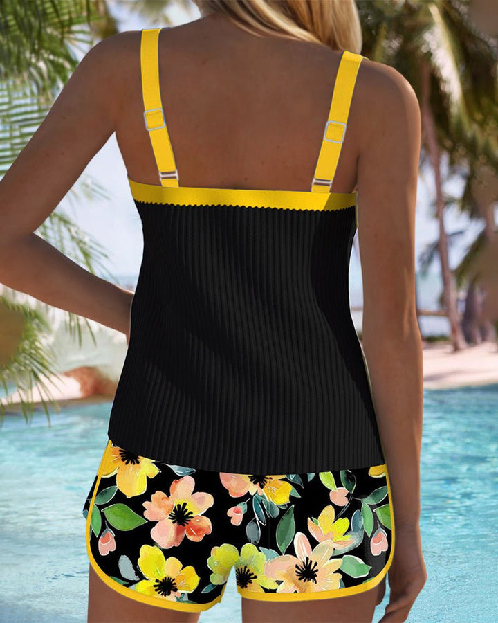 Nora | Kvinne svart ribbet tankini-sett med magekontroll