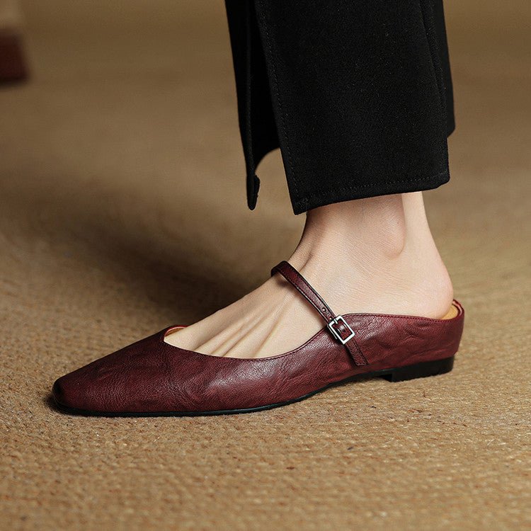 Alma | Kvinne Spiss Lær Mary Jane Mules Flate Slip-On Sko