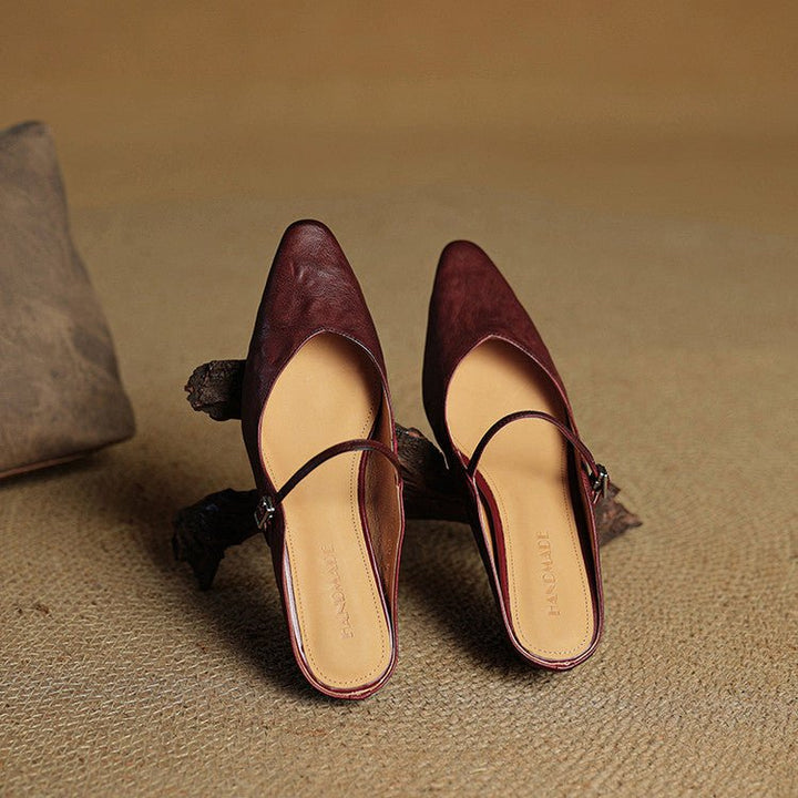 Alma | Kvinne Spiss Lær Mary Jane Mules Flate Slip-On Sko
