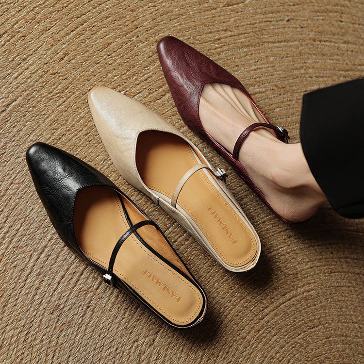 Alma | Kvinne Spiss Lær Mary Jane Mules Flate Slip-On Sko