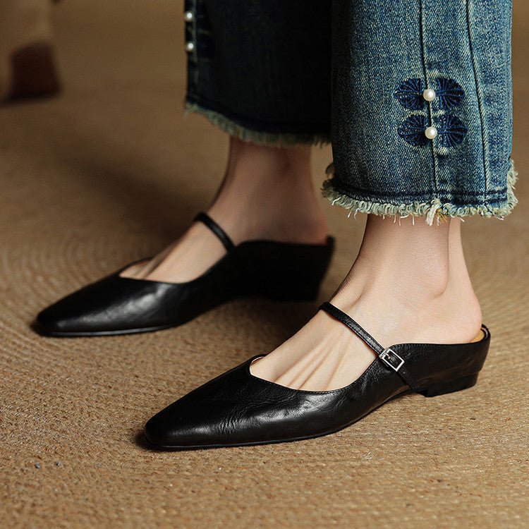 Alma | Kvinne Spiss Lær Mary Jane Mules Flate Slip-On Sko