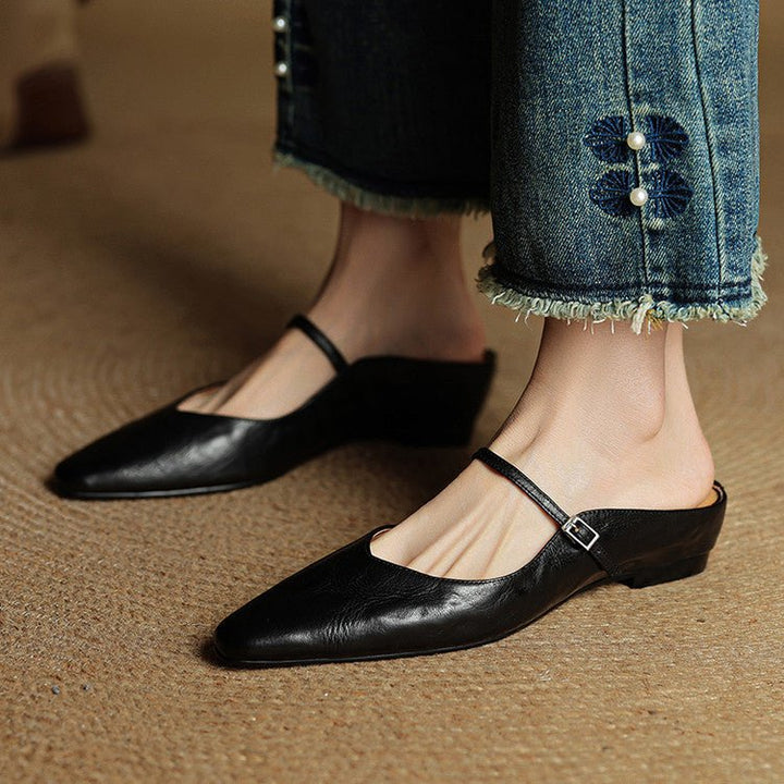 Alma | Kvinne Spiss Lær Mary Jane Mules Flate Slip-On Sko