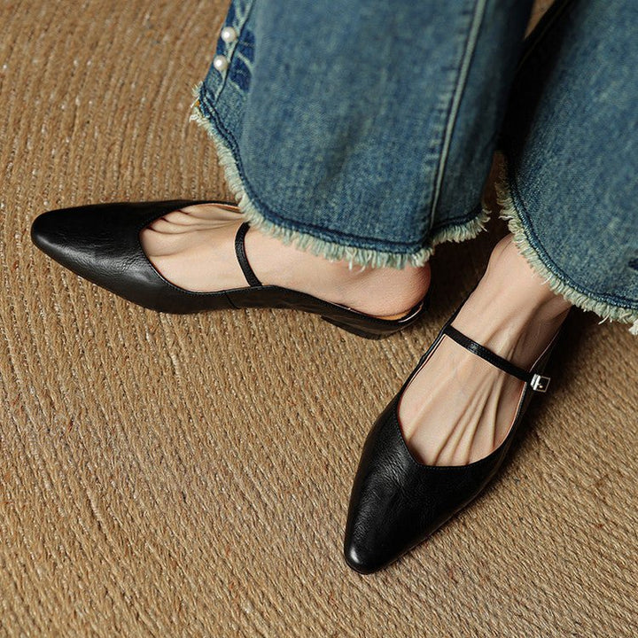 Alma | Kvinne Spiss Lær Mary Jane Mules Flate Slip-On Sko