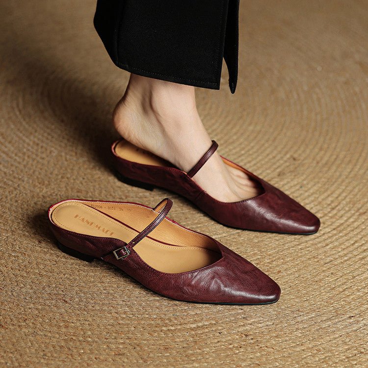 Alma | Kvinne Spiss Lær Mary Jane Mules Flate Slip-On Sko