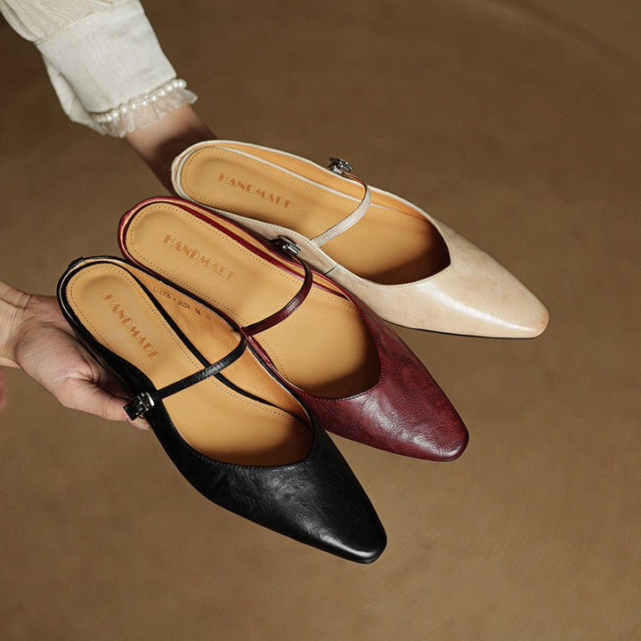 Alma | Kvinne Spiss Lær Mary Jane Mules Flate Slip-On Sko