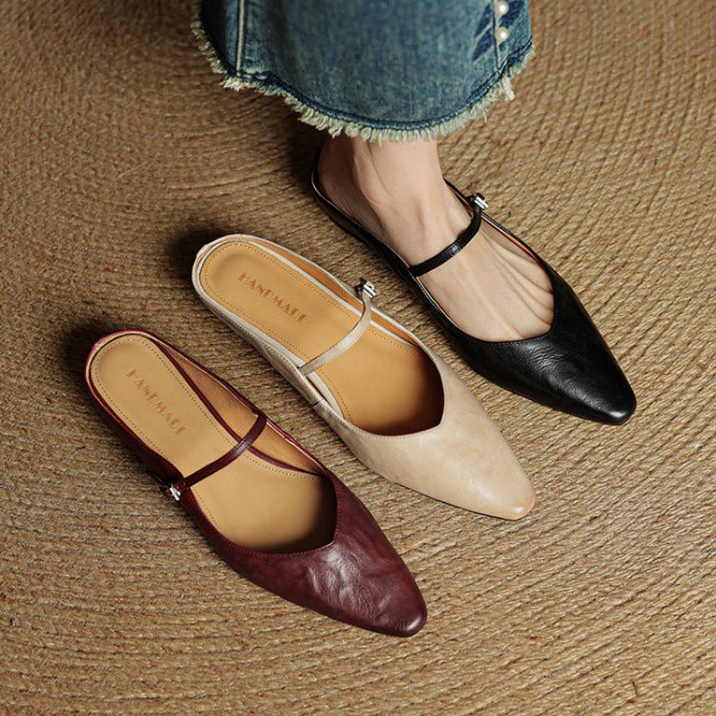 Alma | Kvinne Spiss Lær Mary Jane Mules Flate Slip-On Sko