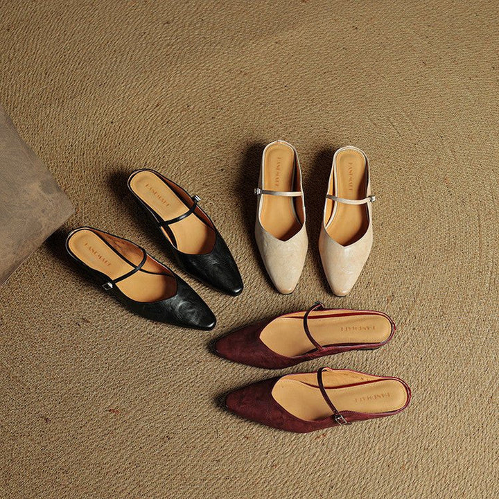 Alma | Kvinne Spiss Lær Mary Jane Mules Flate Slip-On Sko