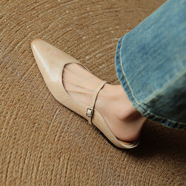 Alma | Kvinne Spiss Lær Mary Jane Mules Flate Slip-On Sko