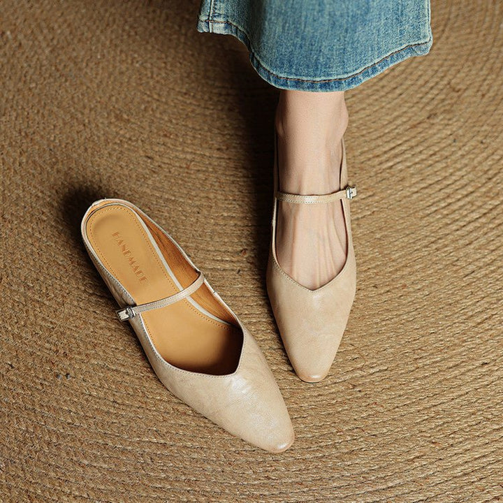 Alma | Kvinne Spiss Lær Mary Jane Mules Flate Slip-On Sko