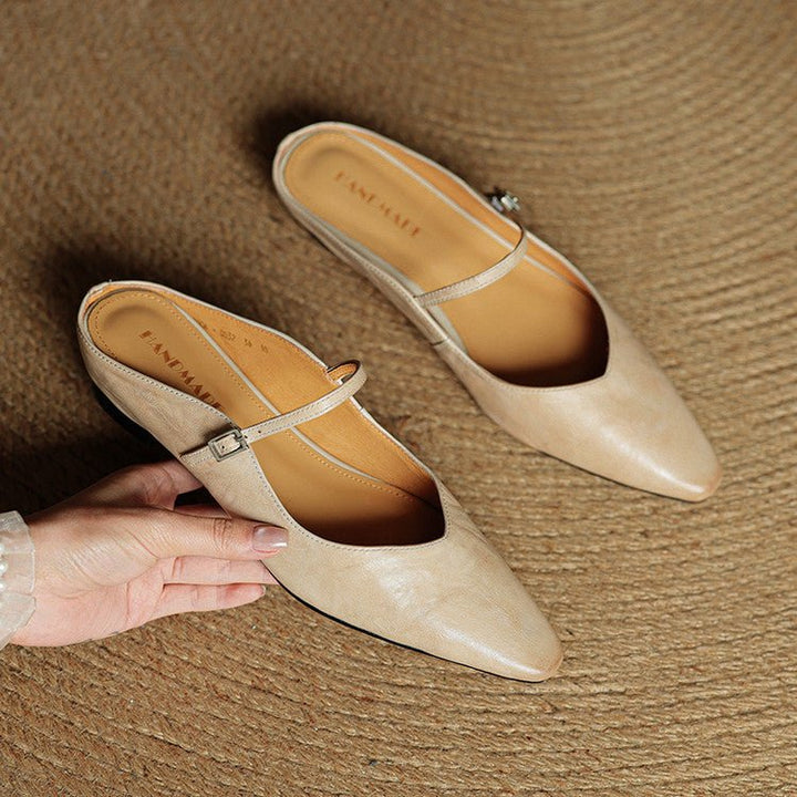 Alma | Kvinne Spiss Lær Mary Jane Mules Flate Slip-On Sko