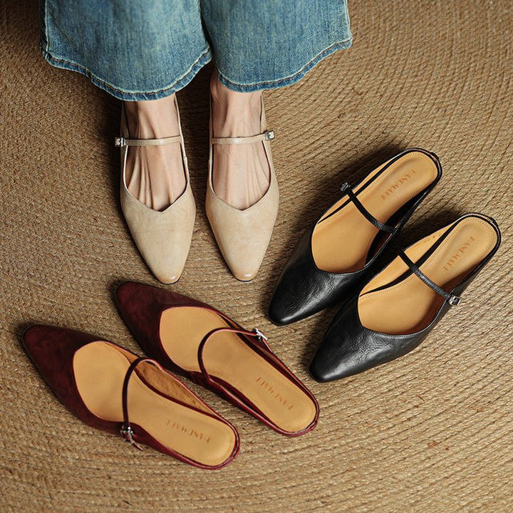 Alma | Kvinne Spiss Lær Mary Jane Mules Flate Slip-On Sko