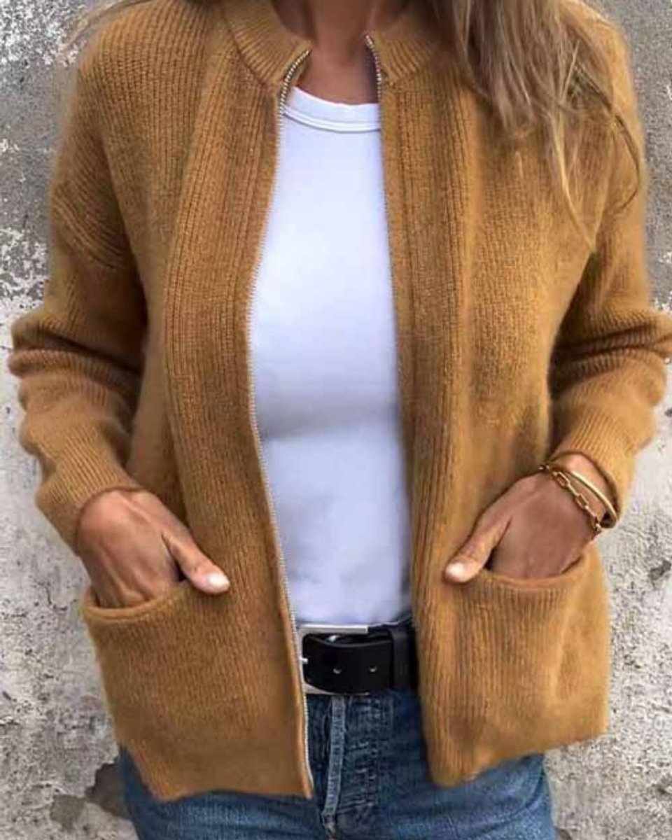 Ida | Dame Strikket Zip Cardigan Avslappet Passform Lommer