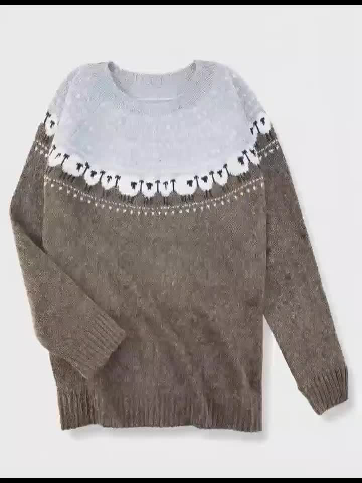 Anna | Dame Strikkegenser med Sau Jacquard Mønster og Rund Hals