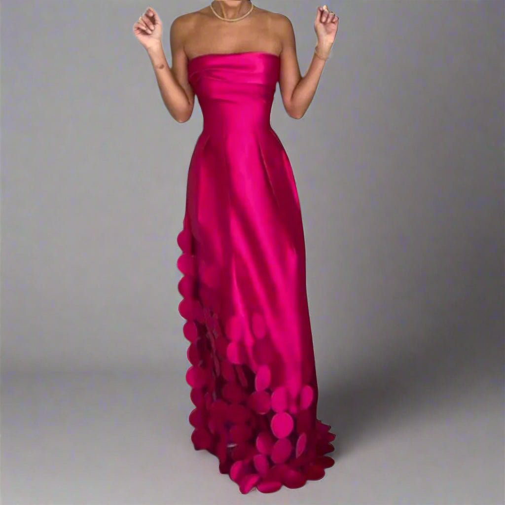 Liv | Kvinne Strapless Satin Look Maxi Kveldsdrakt med Sirkulære Detaljer