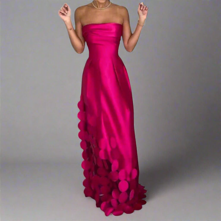Liv | Kvinne Strapless Satin Look Maxi Kveldsdrakt med Sirkulære Detaljer