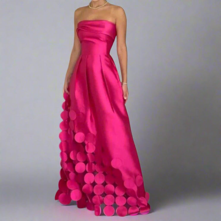 Liv | Kvinne Strapless Satin Look Maxi Kveldsdrakt med Sirkulære Detaljer