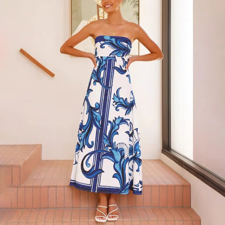 Nora | Kvinne Strapsfri Vintage-Mønstret Maxi Tube Kjole