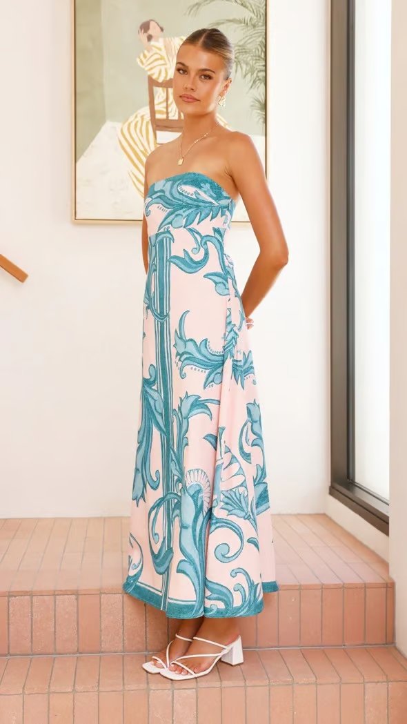 Nora | Kvinne Strapsfri Vintage-Mønstret Maxi Tube Kjole