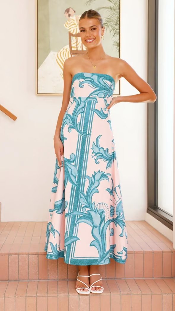 Nora | Kvinne Strapsfri Vintage-Mønstret Maxi Tube Kjole