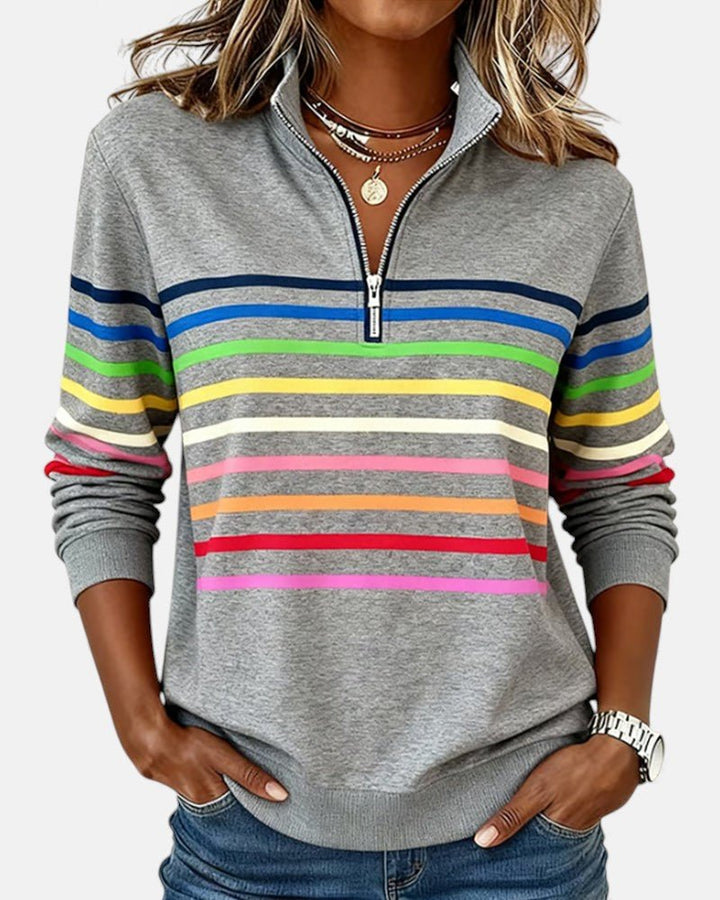 Nora | Dame Sweatshirt med Regnbue Striper og Glidelås