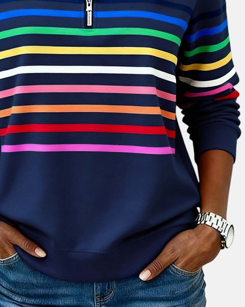 Nora | Dame Sweatshirt med Regnbue Striper og Glidelås