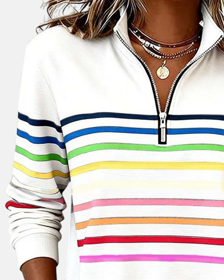 Nora | Dame Sweatshirt med Regnbue Striper og Glidelås