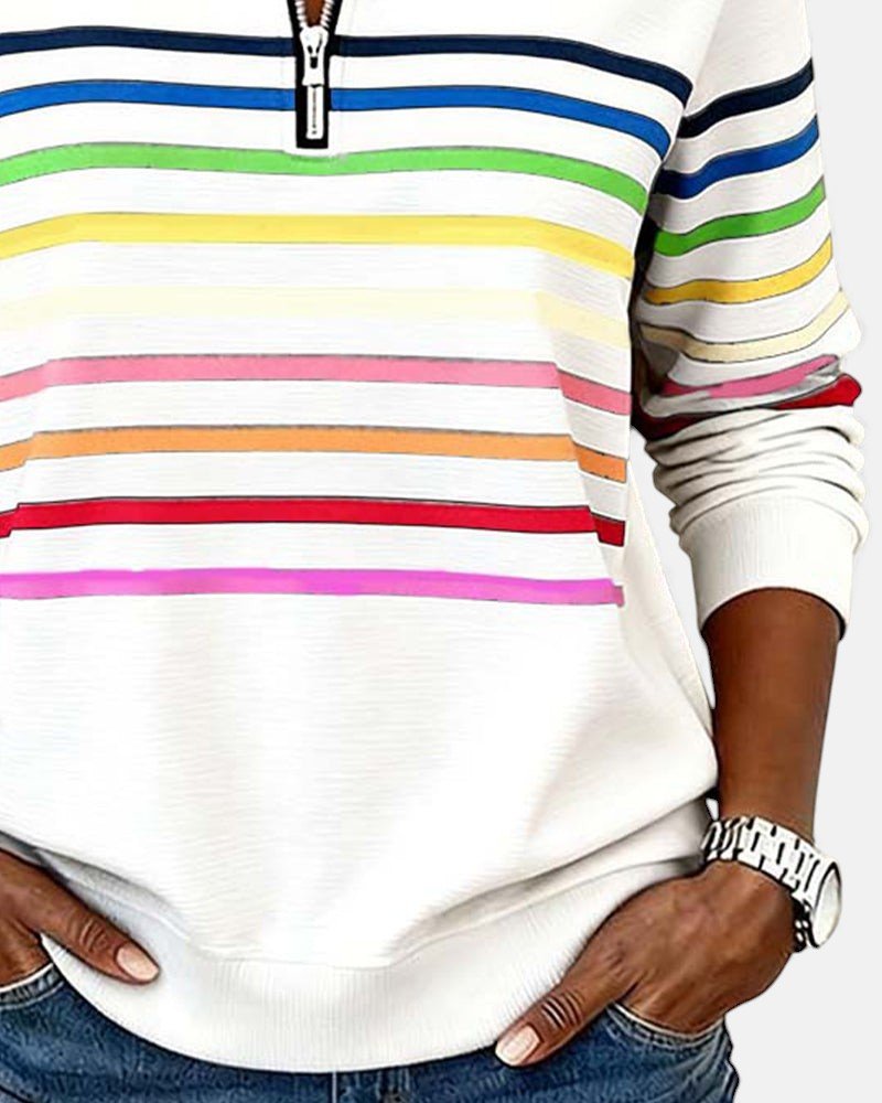 Nora | Dame Sweatshirt med Regnbue Striper og Glidelås