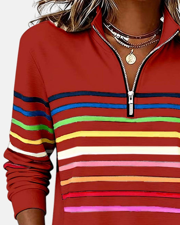 Nora | Dame Sweatshirt med Regnbue Striper og Glidelås