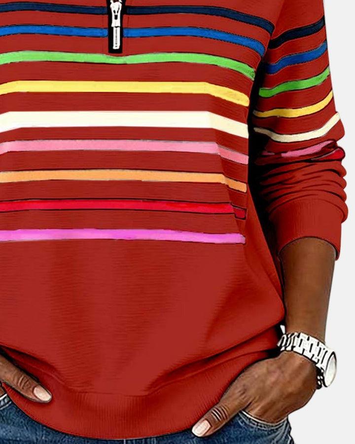 Nora | Dame Sweatshirt med Regnbue Striper og Glidelås